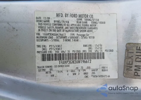 2010 Ford Focus Ses из США, поврежденный, VIN 1FAHP3GN2AW196612